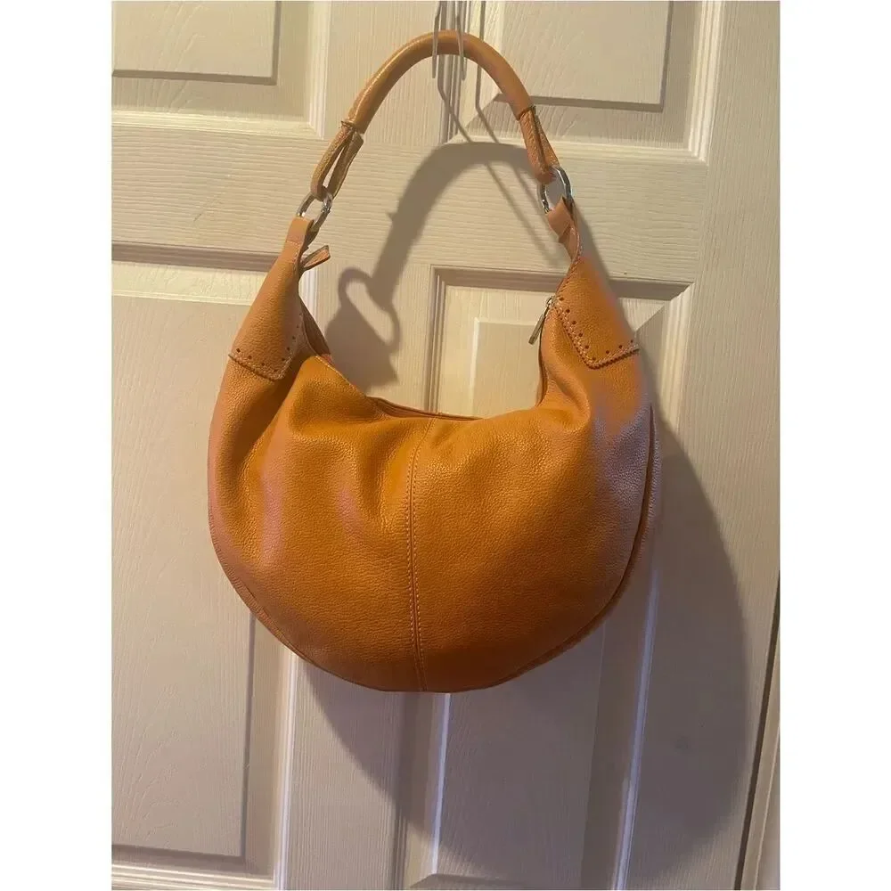 PRUNE Hobo leather Orange Medium Bag stitching accents silver tone hardwares .